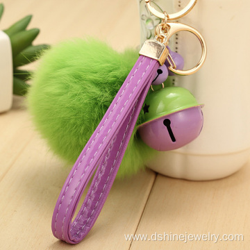 Customized Rabbit Fur Ball Charm Keychain With Bell Pendant